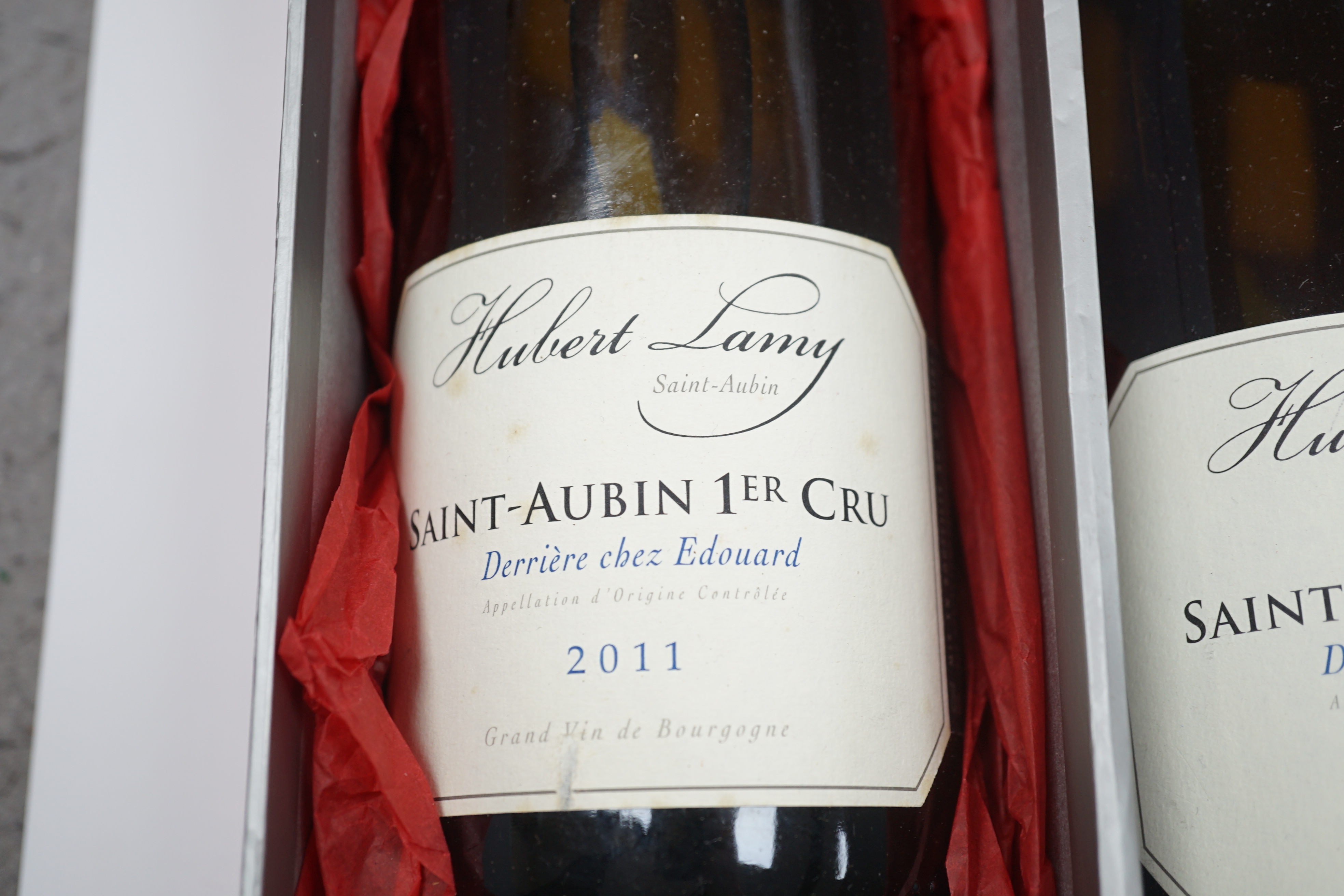 Two bottles of Hubert Lamy Saint-Aubin 1er Cru Derriere chez Edouard 2011 Bourgogne